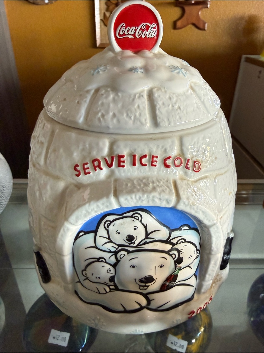 Coca-Cola White Igloo Cookie Jar with Blue Polar Bear Artwork and Red Accents